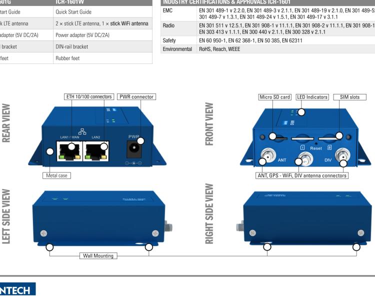 研华ICR-1601W ICR-1600, EMEA/LATAM/APAC, 2x Ethernet, Wi-Fi, Metal, Without Accessories