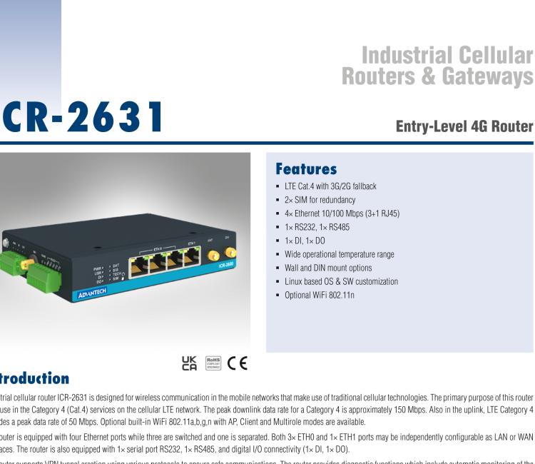 研华ICR-2631 ICR-2600, EMEA, 4x Ethernet , 1x RS232, 1x RS485, Metal, Without Accessories