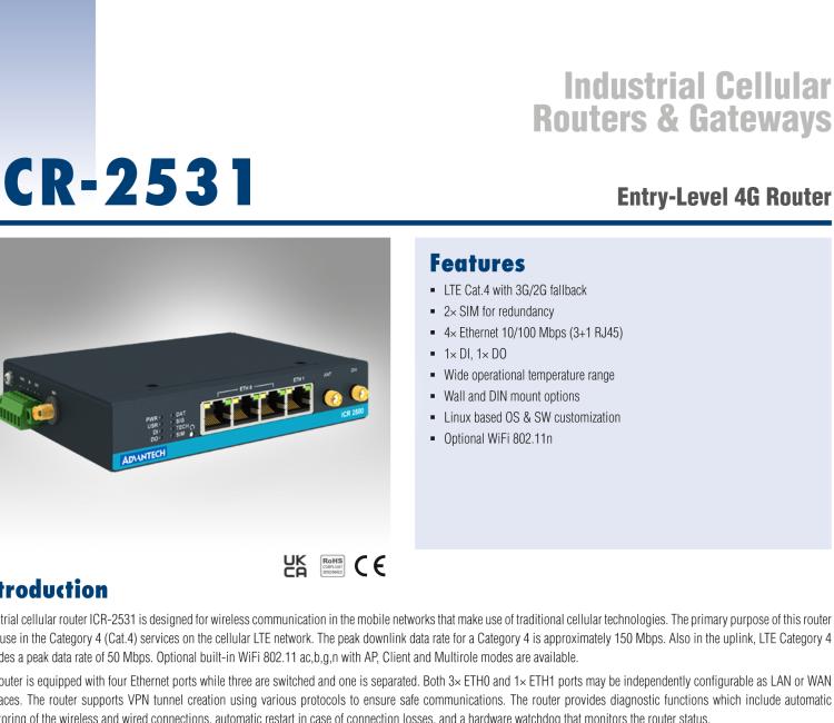 研华ICR-2531 ICR-2500, EMEA, 4x Ethernet , Metal, Without Accessories