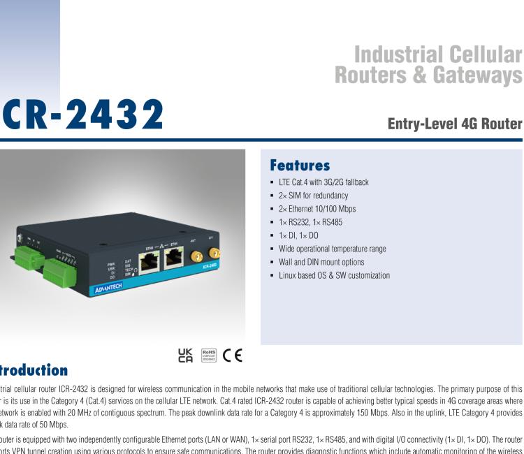 研华ICR-2432 ICR-2400, LATAM, 2x Ethernet , 1x RS232, 1x RS485, Metal, Without Accessories