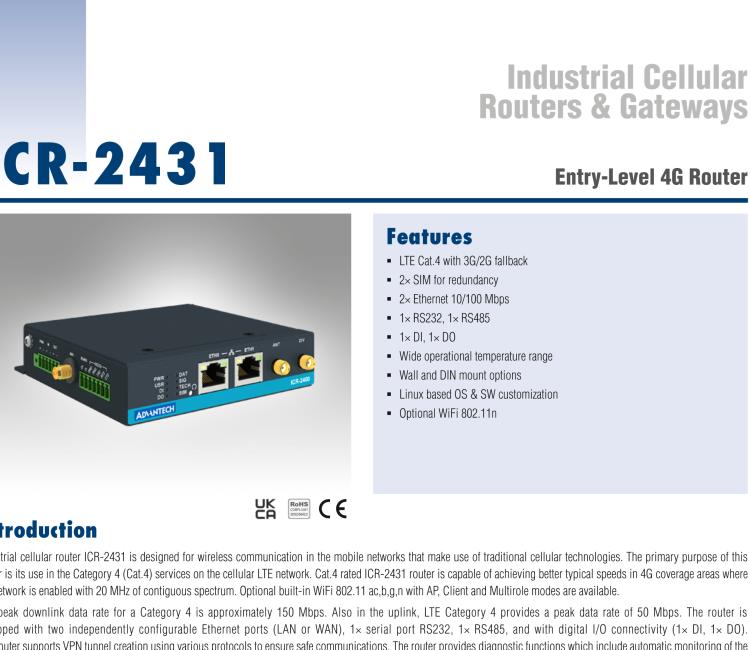 研华ICR-2431W ICR-2400, EMEA, 2x Ethernet , 1x RS232, 1x RS485, Wi-Fi, Metal, Without Accessories