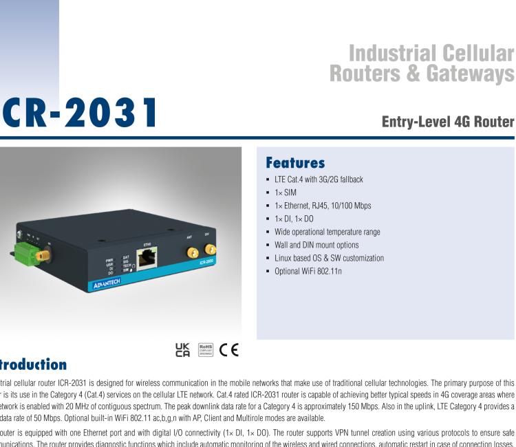 研华ICR-2031W ICR-2000, EMEA, 1x Ethernet, Wi-Fi, Metal, Without Accessories