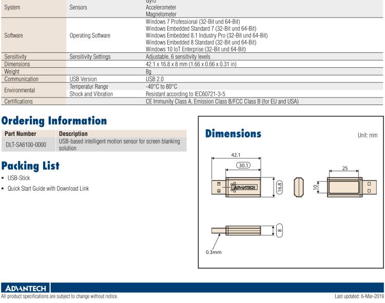 研华DLT-SA6100 USB-Based Digital Smart Motion Sensor For Screen Blanking Solution