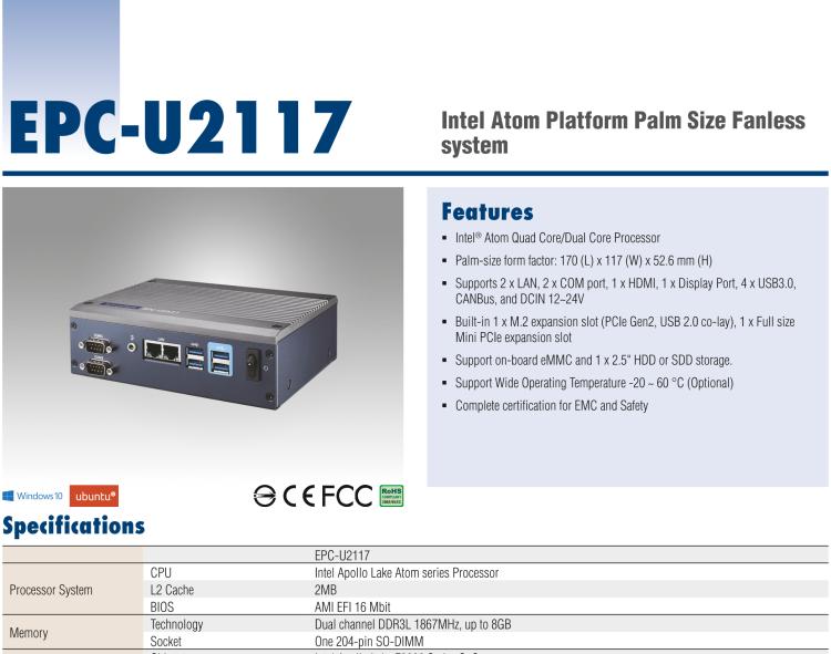 研华EPC-U2117 Intel Atom第六代Apollo Lake无风扇嵌入式工控机，板载eMMC，CANBUS