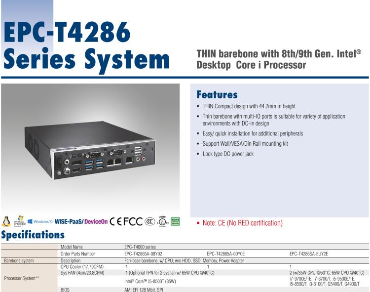 研华EPC-T4286 适配Intel® 第8/9代 Core™ i 系列处理器，搭载H310芯片组。1U超薄高度，性能强劲。