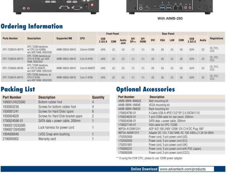 研华EPC-T2285 适配Intel® 第6/7代 Core™ i 系列处理器，搭载H110芯片组。1U超薄高度，性能强劲。