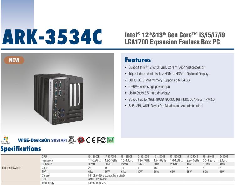 研华ARK-3534C 12th&13th Gen Intel® Core™ i3/i5/i7/i9 LGA1700 Expansion Fanless Box PC