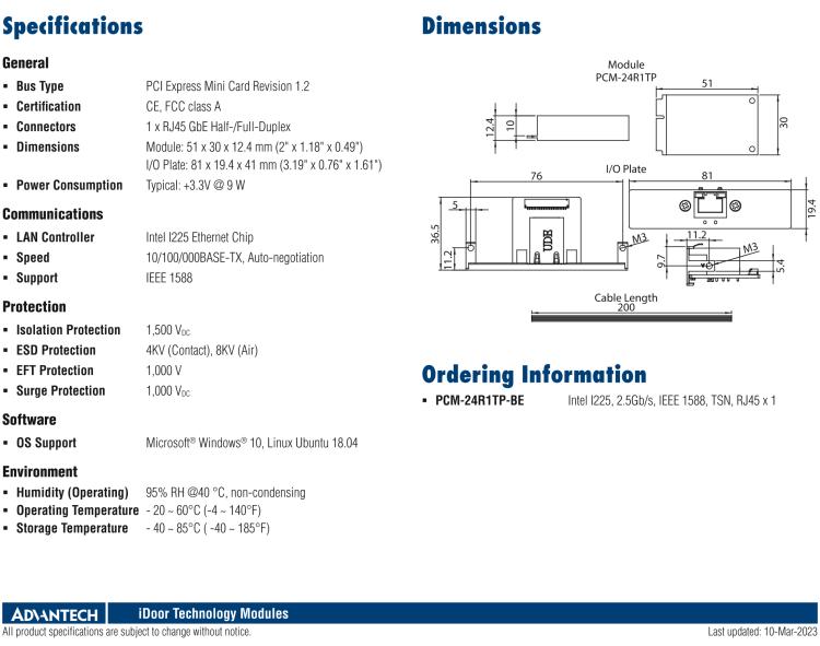 研华PCM-24R1TP iDoor Module: Intel I225, 2.5Gb/s, IEEE 1588, TSN, RJ45 x 1