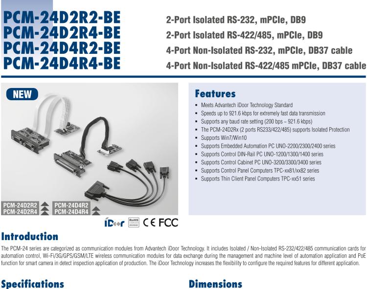 研华PCM-24D2R4 2端口隔离RS-422/485 mPCIe, DB9