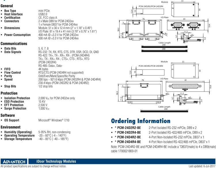 研华PCM-24D2R4 2端口隔离RS-422/485 mPCIe, DB9