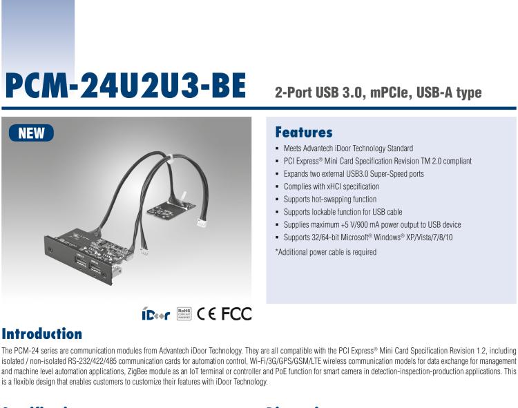 研华PCM-24U2U3 2端口USB 3.0，mPCIe，USB-A型