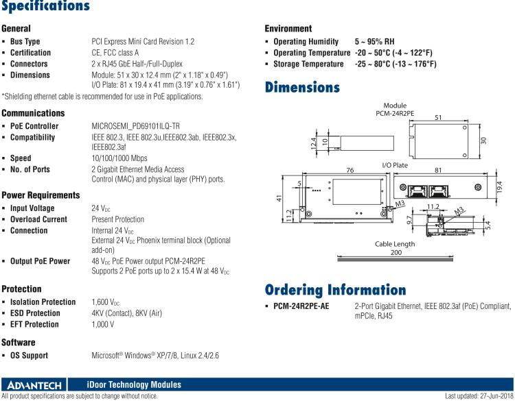 研华PCM-24R2PE 2端口千兆以太网，兼容IEEE 802.3af（PoE），mPCIe，RJ45