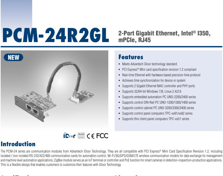 研华PCM-24R2GL 2端口千兆以太网，mPCIe，RJ45