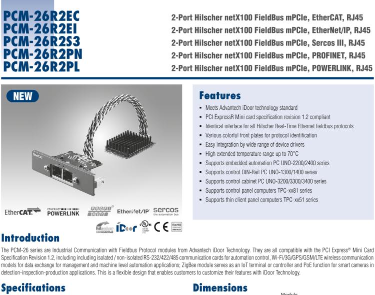 研华PCM-26R2S3 2端口 Hilscher netX100 现场总线 mPCIe, Sercos III, RJ45