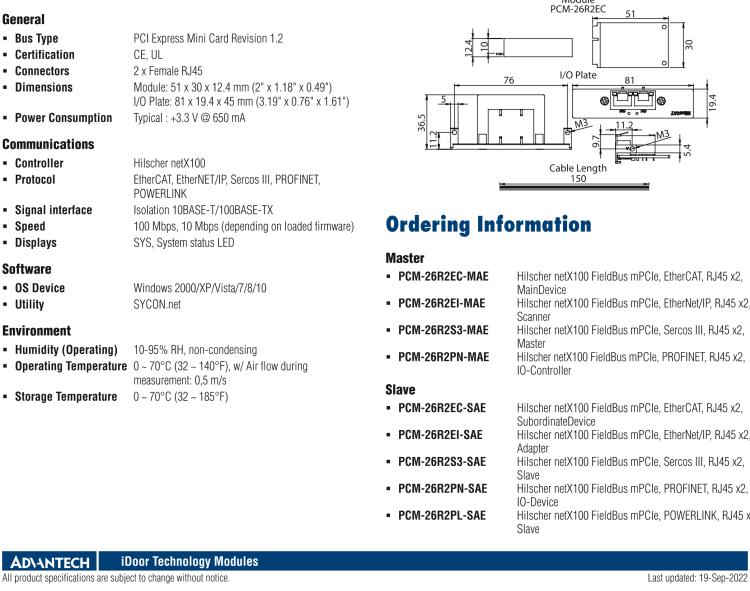 研华PCM-26R2S3 2端口 Hilscher netX100 现场总线 mPCIe, Sercos III, RJ45