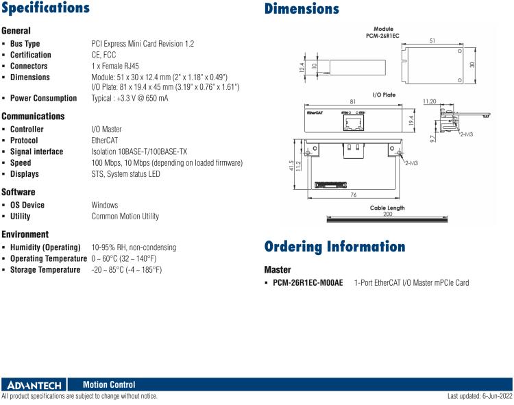 研华PCM-26R1EC 1端口Ethercat IO主站卡(mPCIe)