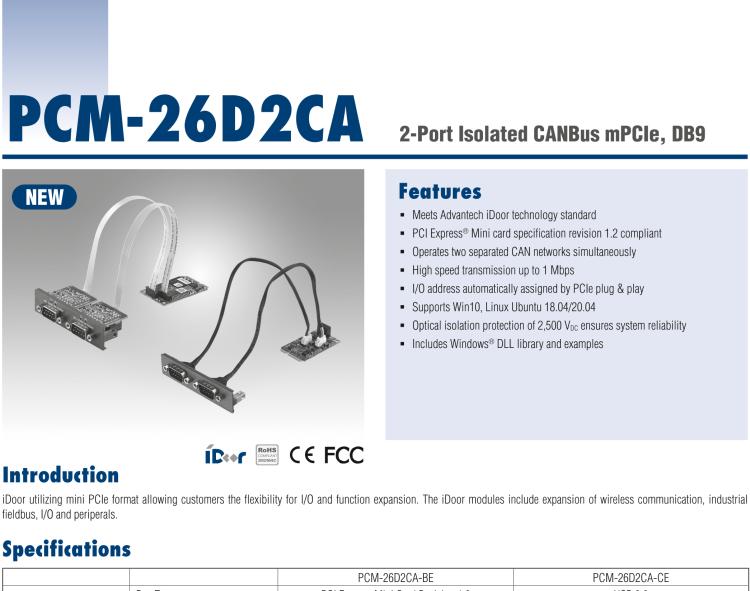 研华PCM-26D2CA 2端口隔离CANBus mPCIe, CANOpen, DB9
