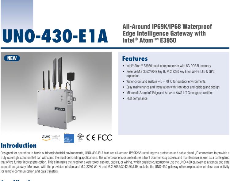 研华UNO-430 IP69K/IP68 Waterproof Edge Intelligence Gateway with Intel® Atom™ E3950 CPU