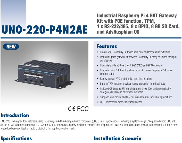 研华UNO-220-P4N2 Industrial Raspberry Pi 4 HAT Gateway Kit with PoE Function