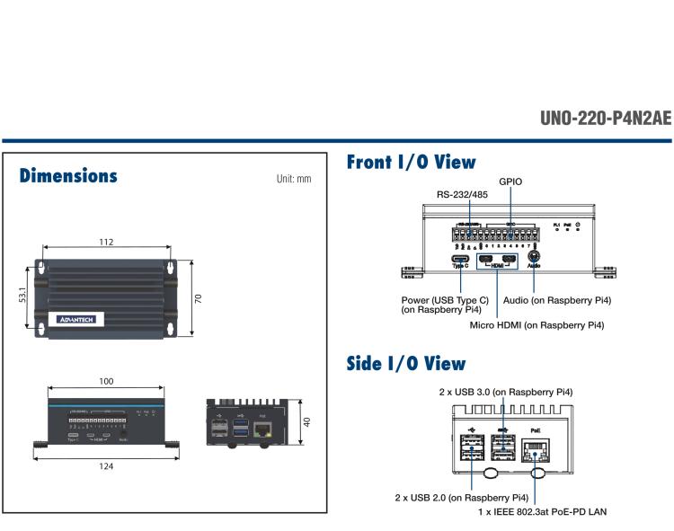 研华UNO-220-P4N2 Industrial Raspberry Pi 4 HAT Gateway Kit with PoE Function