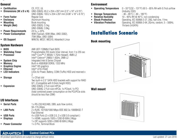 研华UNO-3382G Intel® Core™ i7/Celeron控制柜PC，2 x GbE, 2 x mPCIe, HDMI/DP