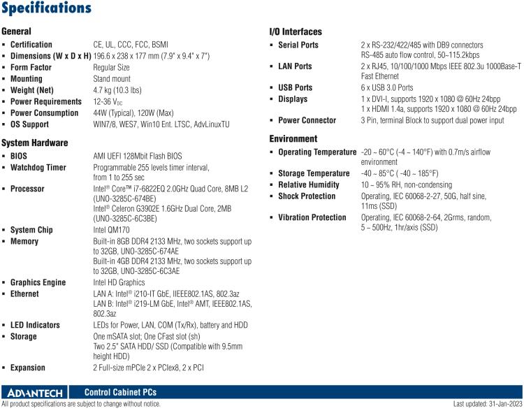 研华UNO-3285C 搭配Intel® Core™处理器，4×PCI(e) 扩展槽，2 x GbE, 2 x mPCIe, HDMI, DVI-I