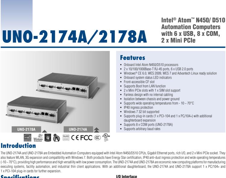 研华UNO-2178A Intel® Atom™ D510无风扇嵌入式工业电脑，6 x USB, 8 x COM, 2 x Mini PCIe