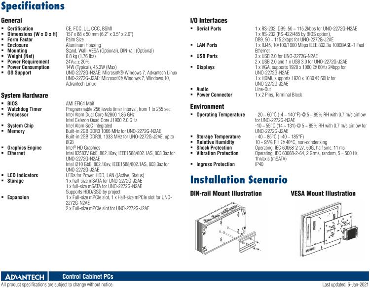 研华UNO-2272G 袖珍型嵌入式工控机，搭配Intel® Atom™处理器，1 x GbE, 2 x mPCIe, VGA/HDMI