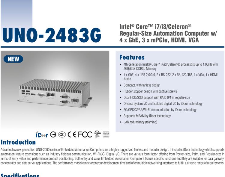 研华UNO-2483G 标准型嵌入式无风扇工业电脑，搭配Intel® Core™ i7/i3/Celeron处理器，4×GbE, 3×mPCIe, HDMI/VGA