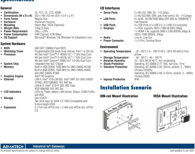 研华UNO-2483G 标准型嵌入式无风扇工业电脑，搭配Intel® Core™ i7/i3/Celeron处理器，4×GbE, 3×mPCIe, HDMI/VGA