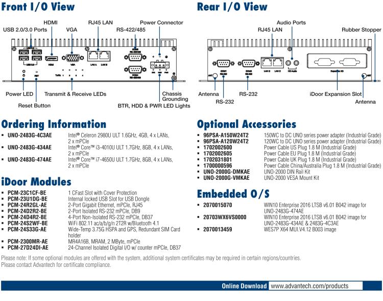 研华UNO-2483G 标准型嵌入式无风扇工业电脑，搭配Intel® Core™ i7/i3/Celeron处理器，4×GbE, 3×mPCIe, HDMI/VGA