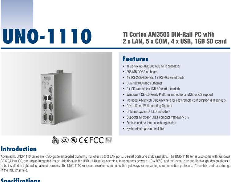 研华UNO-1110 导轨安装型工业控制器，搭配TI Coretex AM3505 处理器，2×LAN，5×COM，4×USB，1 GB SD卡