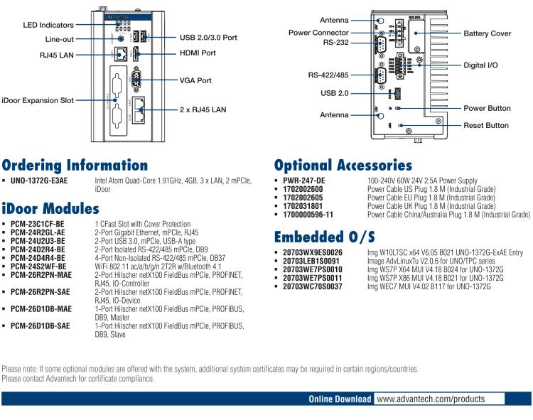 研华UNO-1372G 小型导轨安装工业控制器，搭配英特尔®凌动® 四核处理器及4GB DDR3L内存，2×mPCIe，1×mSATA，2×COM，8×DI/O，3×USB，1×HDMI，1×VGA