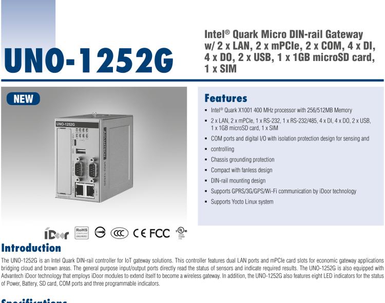 研华UNO-1252G 微型导轨安装工业物联网网关，搭配英特尔® Quark™ 微控制器，2×LAN，2×mPCIe，2×COM，8×DI/O，2×USB，1×1GB microSD card，1×SIM