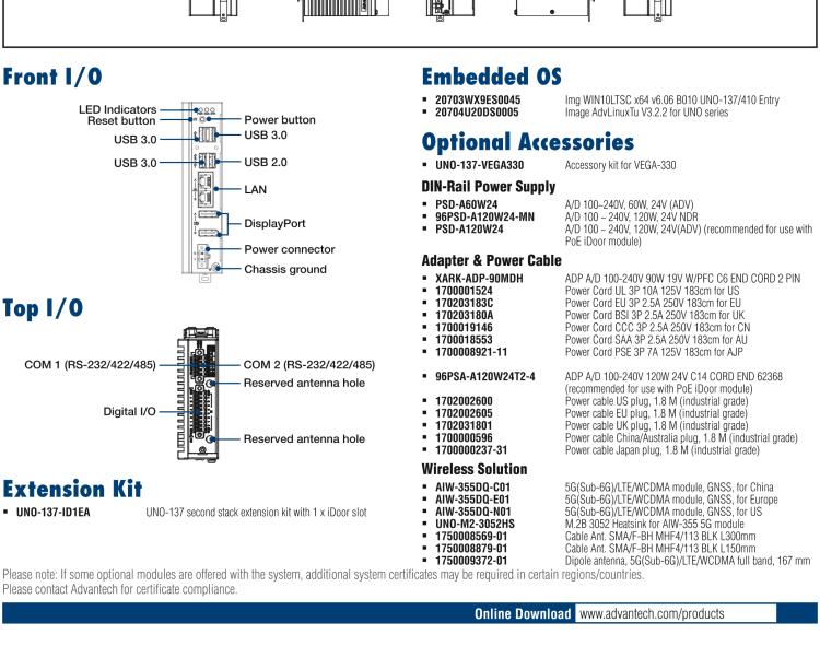 研华UNO-137 DIN导轨控制器，配备Intel®Atom®E3940 CPU、2个LAN、2个COM、3个USB 3.0、1个USB 2.0、2个DP 1.2、8个DI、8个DO、1个M.2、1个mPCIe、TPM 2.0
