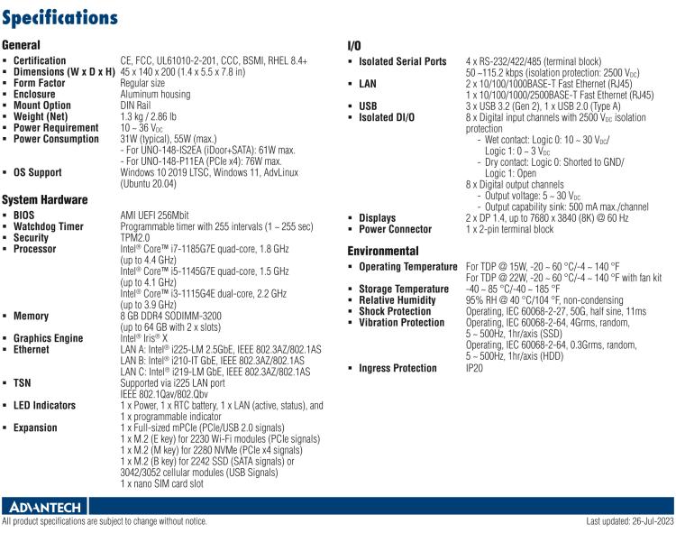 研华UNO-148 常规无风扇DIN导轨控制器，采用第11代Intel® Core™ i处理器