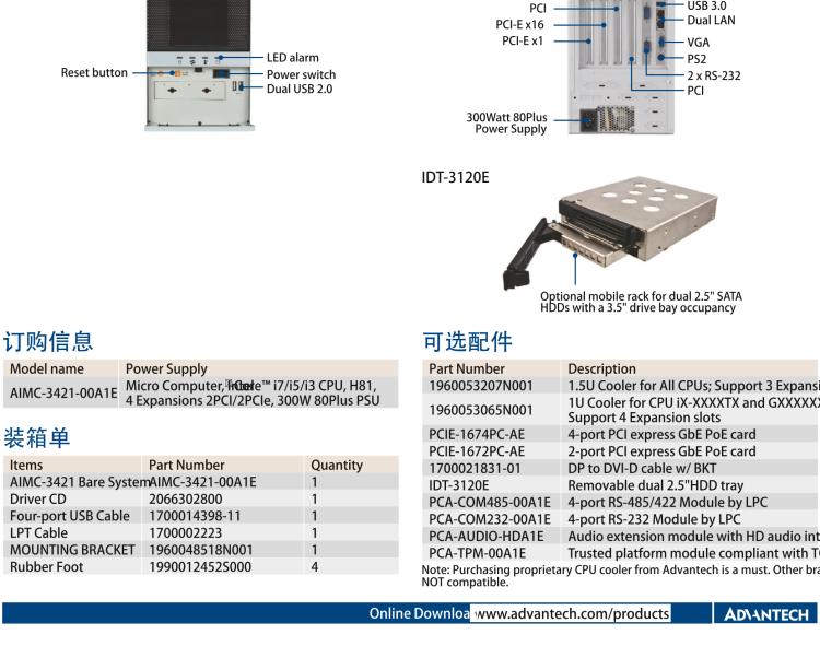 研华AIMC-3421 智能微型计算机，支持英特尔酷睿™ i7/i5/i3 CPU,H81芯片组，4个扩展槽2PCI/2PCIe,300W 80Plus 电源