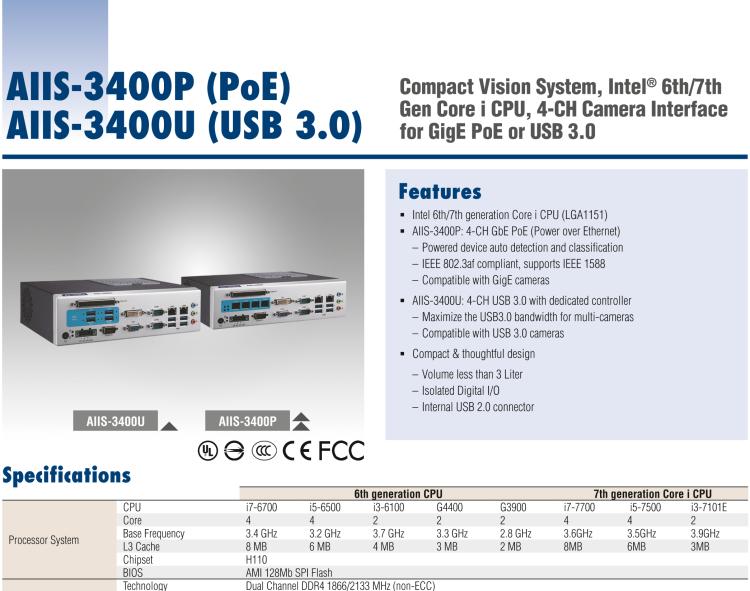 研华AIIS-3400 Compact Vision System, Supports Intel® 6th generation Core i CPU, 4-CH Camera Interface for GigE PoE or USB 3.0