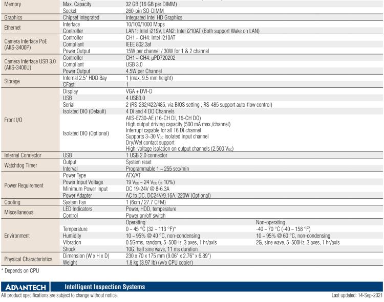 研华AIIS-3400 Compact Vision System, Supports Intel® 6th generation Core i CPU, 4-CH Camera Interface for GigE PoE or USB 3.0