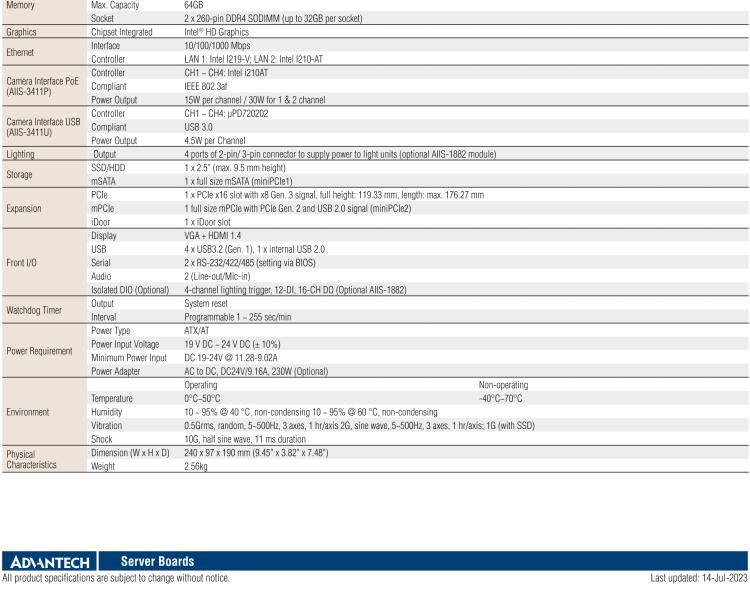 研华AIIS-3411 紧凑型视觉系统，支持Intel® 第10代 Core i CPU, 4路摄像头支持 GigE PoE或 USB 3.0接口, PCIe扩展槽, 支持4路光源和隔离DIO