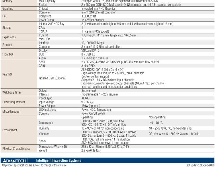 研华AIIS-5410P 无风扇视觉系统，Intel Core™ i 处理器，4通道 GigE PoE 相机界面和 PCIe 插槽