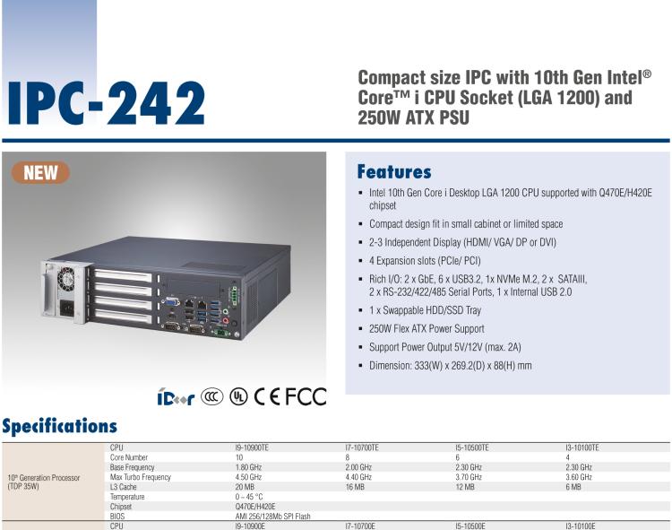 研华IPC-242 搭载第十代Intel® Core™ i CPU 插槽(LGA 1200) 和250W ATX PSU紧凑型工控机