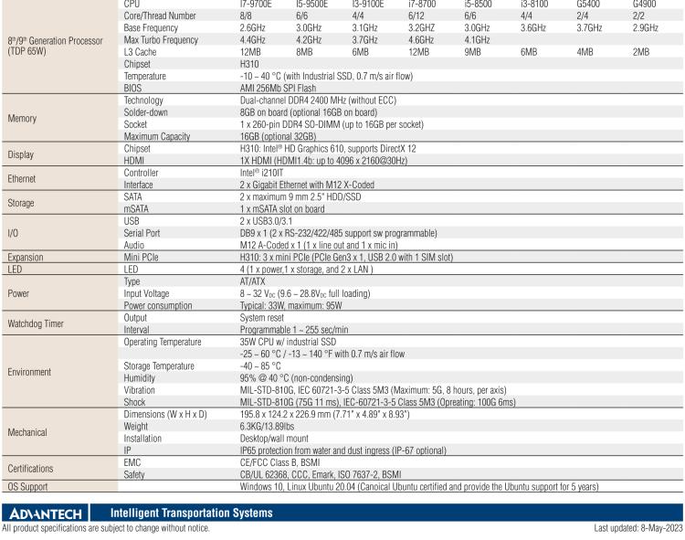 研华ITA-460E Water-resistant Fanless In-vehicle Computer with Intel® 8th/9th Gen Core™ i CPU