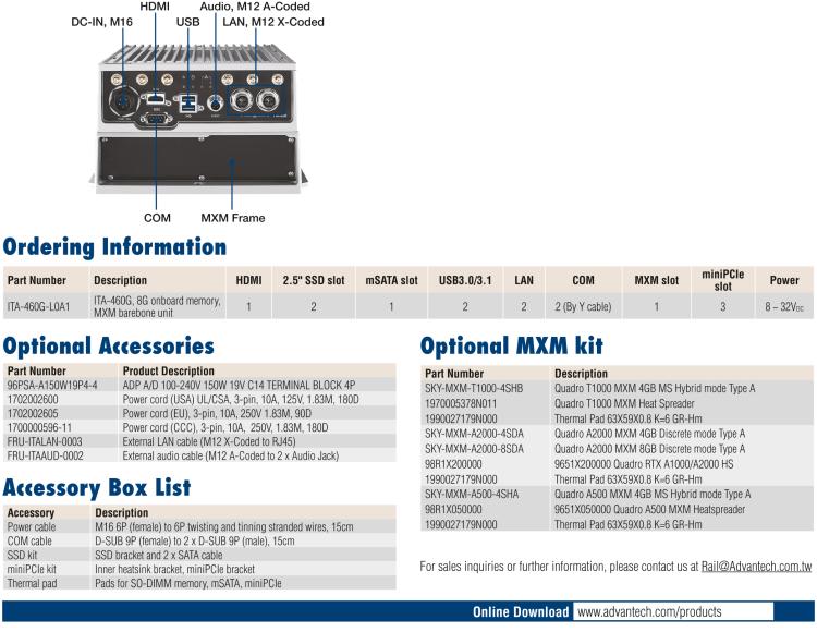 研华ITA-460G Intel® 8th/9th Gen Core™ i CPU 防水无风扇车载 AI 计算单元