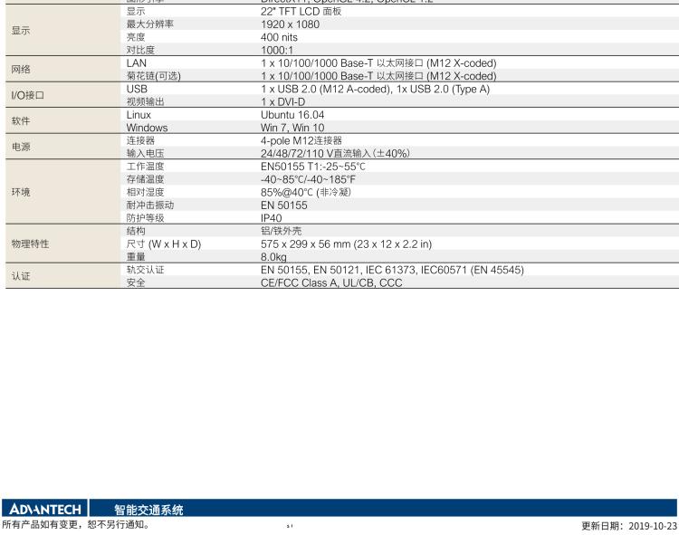 研华ITA-7220 满足铁路En50155认证标准，英特尔®赛扬™J1900 22英寸无风扇铁路平板电脑