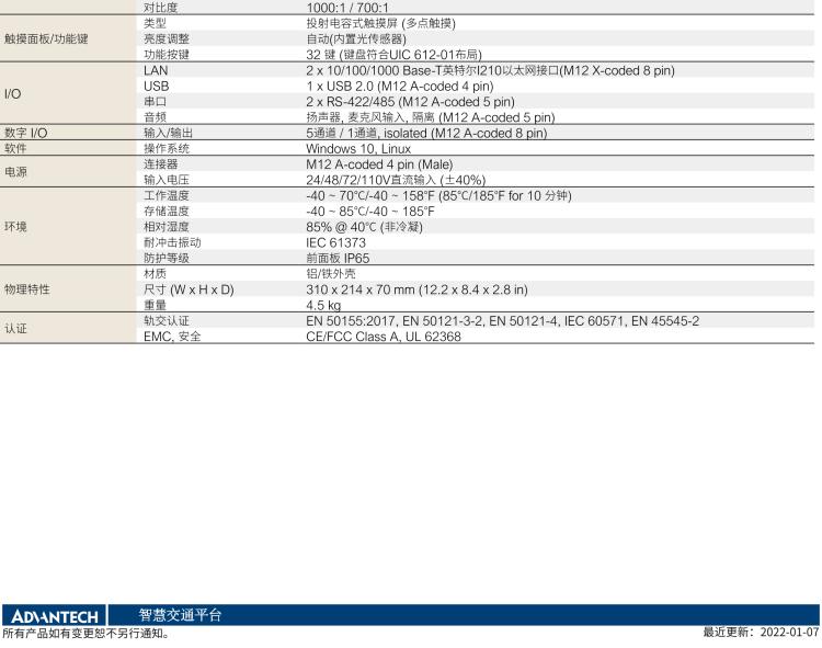 研华ITA-8100 满足铁路En50155认证标准，10.4寸可触屏式平板电脑，支持英特尔®凌动x7-E3950处理器