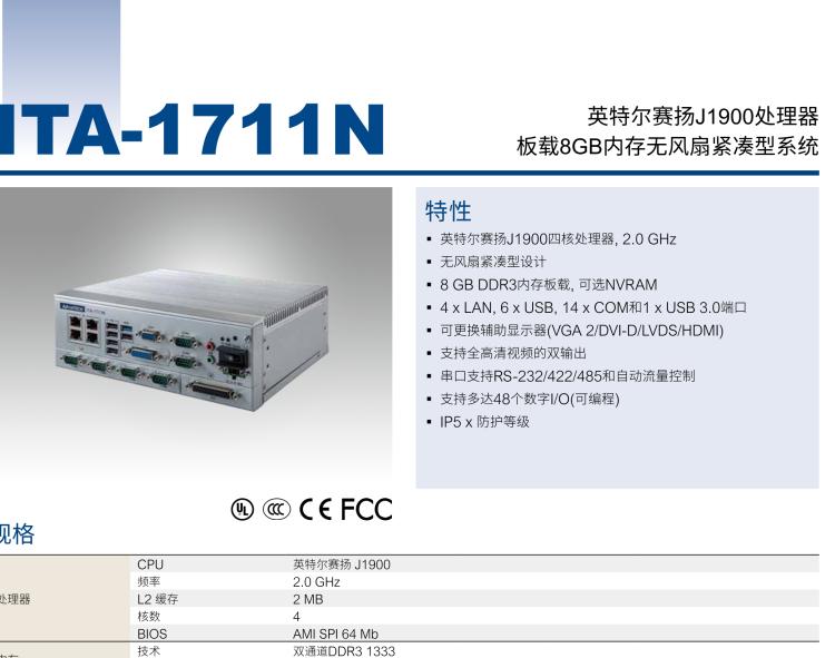 研华ITA-1711N 英特尔赛扬J1900处理器 板载8GB内存无风扇紧凑型系统