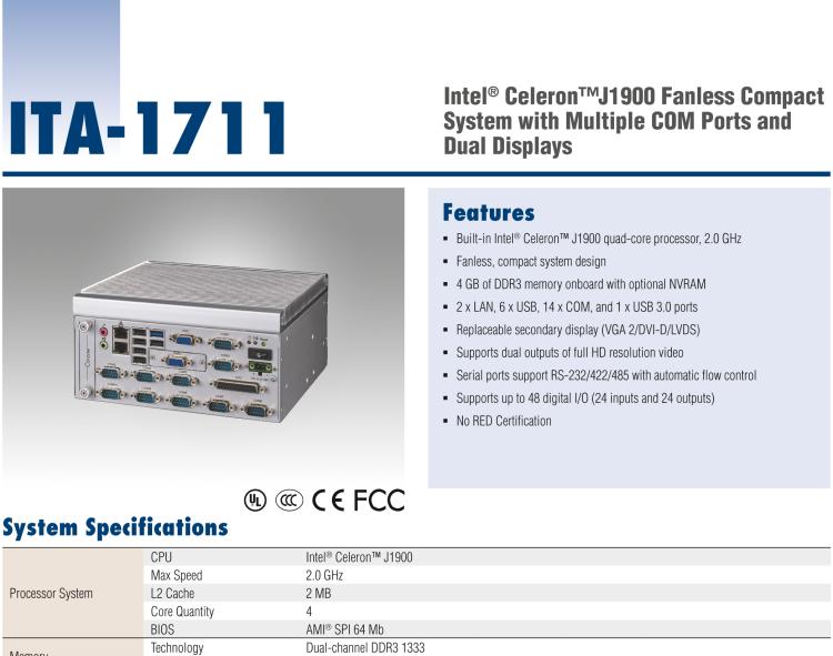 研华ITA-1711 英特尔®赛扬™J1900紧凑型系统双千兆以太网LAN和双显示器