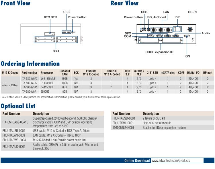 研华ITA-580 11th Gen Intel® Core™ H-Series platform EN 50155 Fanless Computer; Compliant for Rolling Stock Applications