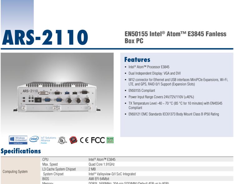 研华ARS-2110 EN50155 Intel® Atom™ E3845 无风扇设计之列车车辆控制系统